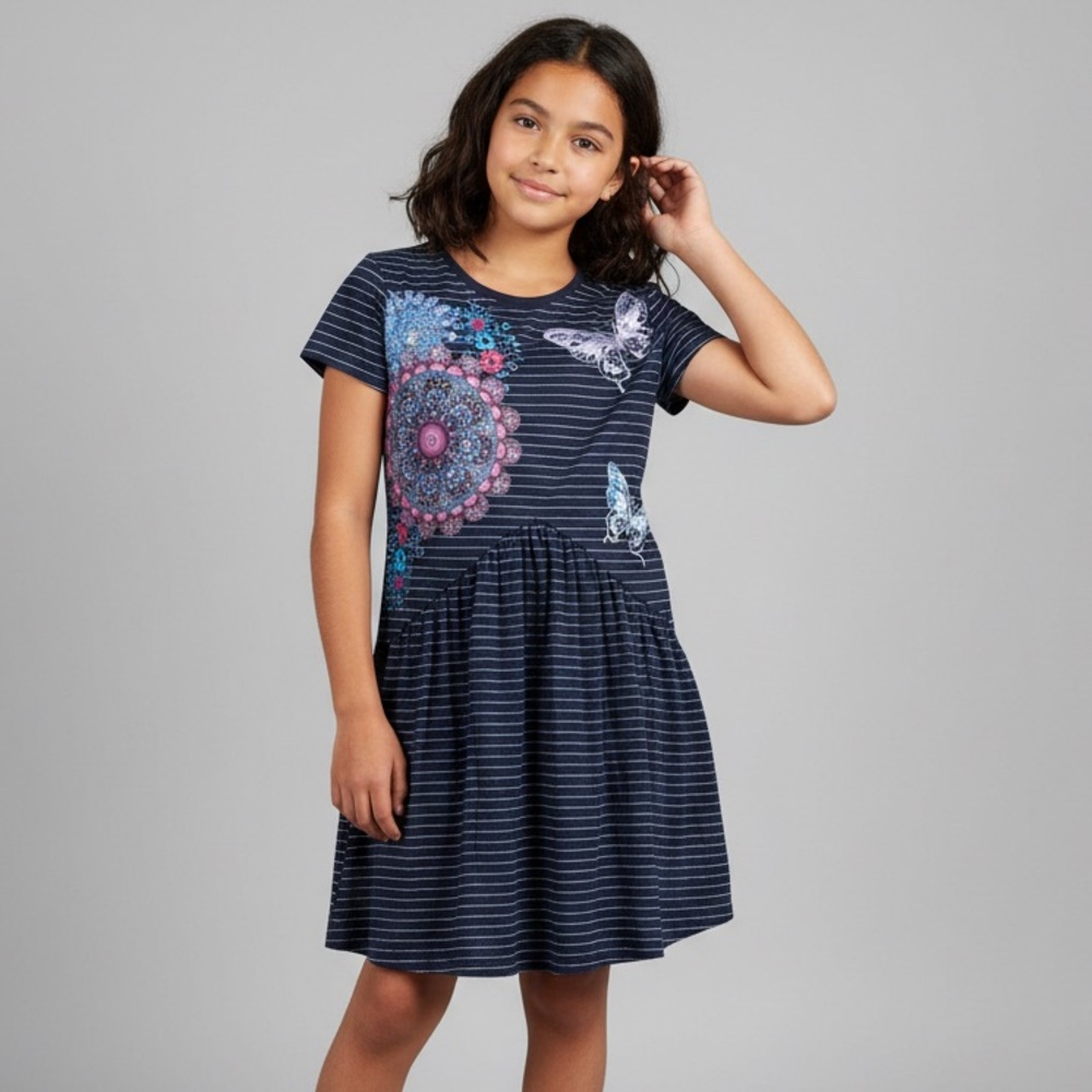 Desigual Navy and White Striped Kids Dress with Butterfly Motif